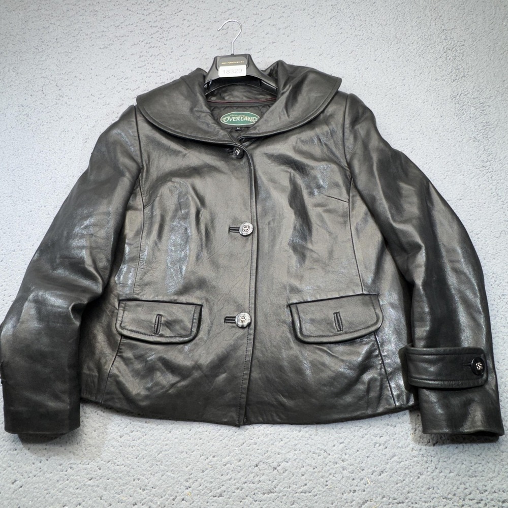Overland Leather Jacket Womens Medium Black Lambskin Wide Collar Quilted Coat